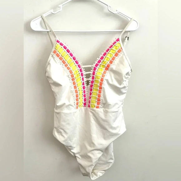 Becca French Trellis One Piece Swimsuit – Multicolor Ladder Front Monokini L - Picture 2 of 7